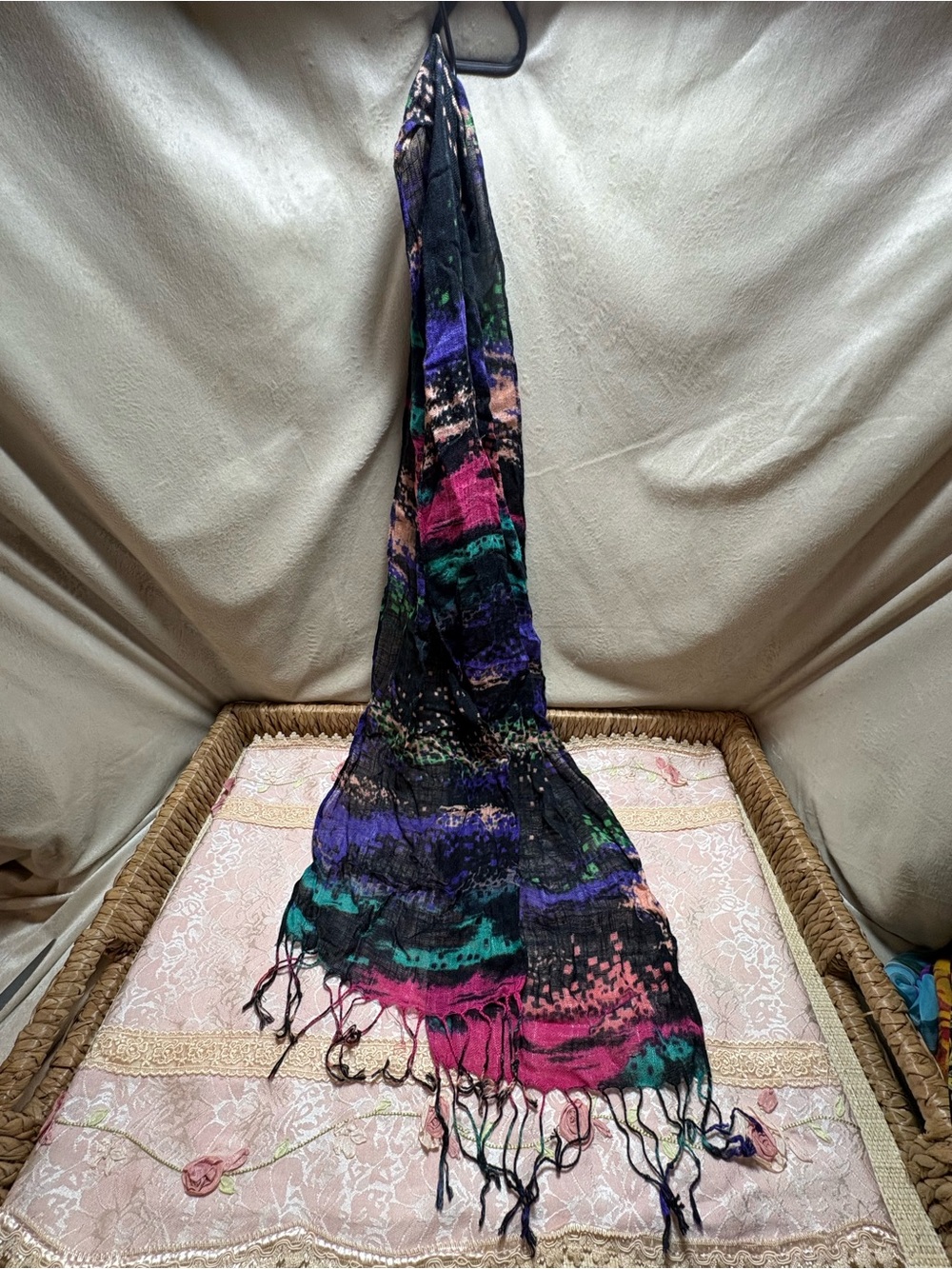 Candie’s Y2K Abstract Fringe Scarf Black Purple Teal Pink Whimsigoth
